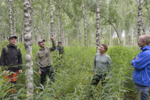 Neljä hyväntuulista miestä seisoo visakoivikossa korkean kasvillisuuden keskellä. etualalla näkyy muhkurainen visakoivun runko.