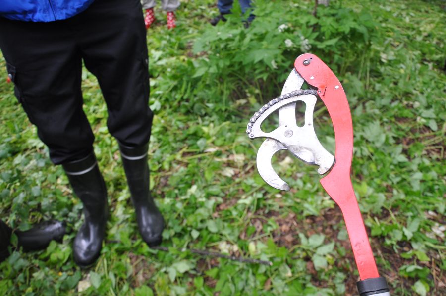 : Leikkurin pää on terästä ja se on kiinni punaisessa litteässä varressa. 