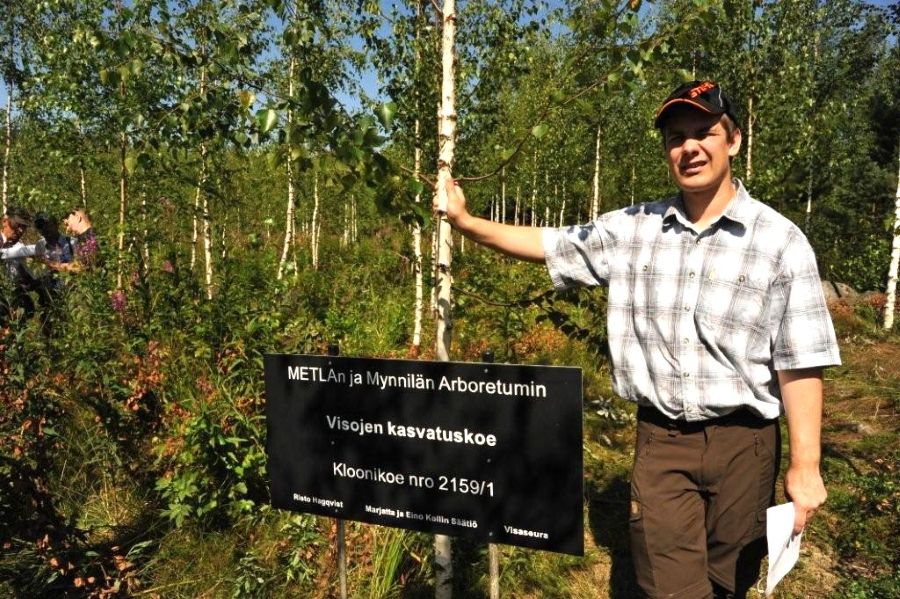 Mies lyhythihaisessa ruutupaidassa nojaa käsivarsi suorana ohueen koivuun. Koivun edessä on suuri kyltti, jossa kerrotaan alueen kasvatuskokeesta. 